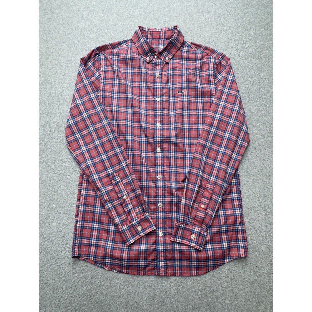 Vineyard Vines Shirt Youth L 16 Red Plaid Long Sleeve Button Performance Casual